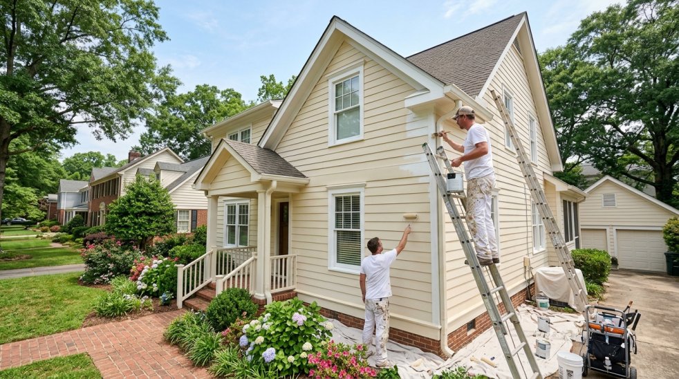House painters painting exterior siding on a two-story suburban home with ladders and drop cloths outdoors