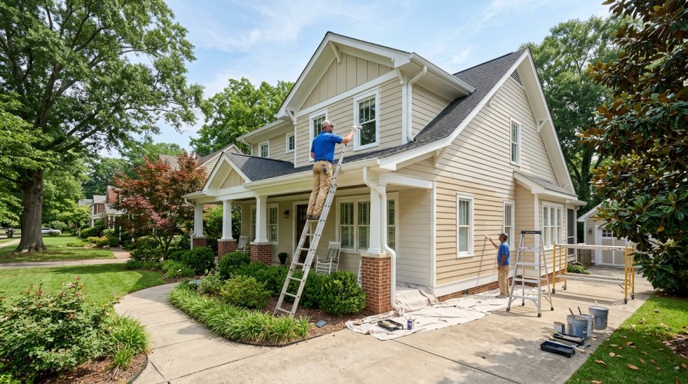 Painters repainting exterior siding and trim on a two-story suburban house with ladders and supplies