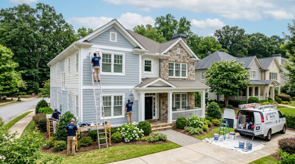 House painting contractors painting the exterior of a two-story suburban home with ladders and service van