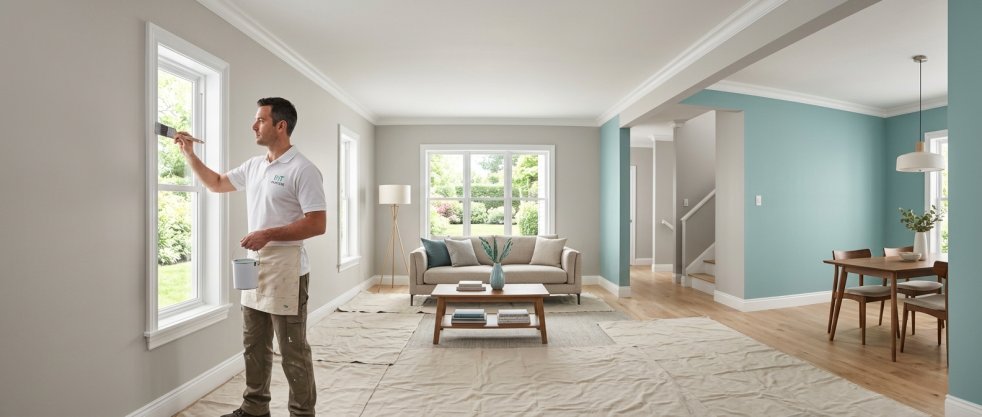 Professional painter painting window trim in a bright living room during interior house painting service